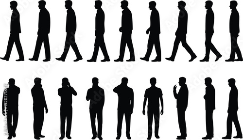Man silhouettes walking and standing in different poses, male people isolated on white background, casual lifestyle concept set