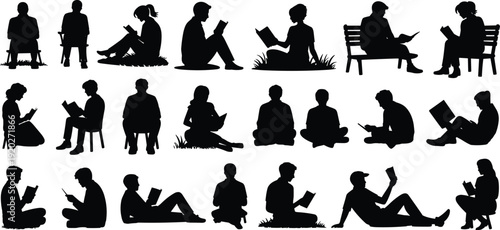 Large collection of people reading book silhouettes, men and women isolated on white background, education and learning concept