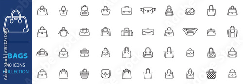 Bags outline icon collection. Includes handbag, purse, clutch, shoulder bag, tote, backpack, briefcase, and luggage symbols. Created in thin line style with a monochrome palette.