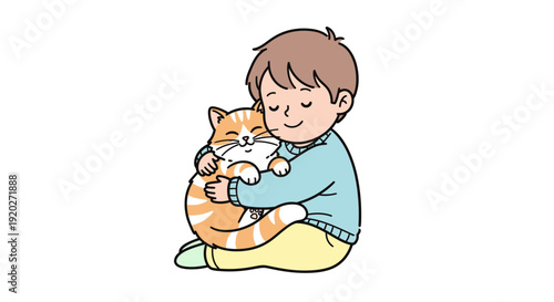 Boy Hugging Orange Kitten Cartoon Illustration.