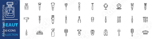 Beauty outline icon collection. Includes perfume, makeup brushes, hairdryer, razor, mirror, and cosmetic product symbols. Created in thin line style with a monochrome palette.