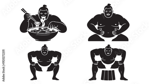 Vector Illustration Of Sumo Wrestler Silhouettes Eating, Posing, And Training For Sports And Fitness Concept