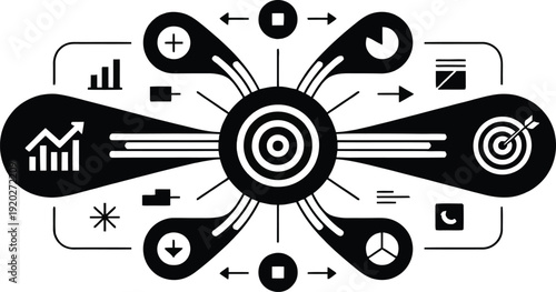 Business strategy infographic concept with central target and connected elements representing growth, analysis, and goals in black and white style.