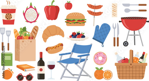 Picnic and barbecue food items collection outdoor summer camping vector illustration set with grill and basket
