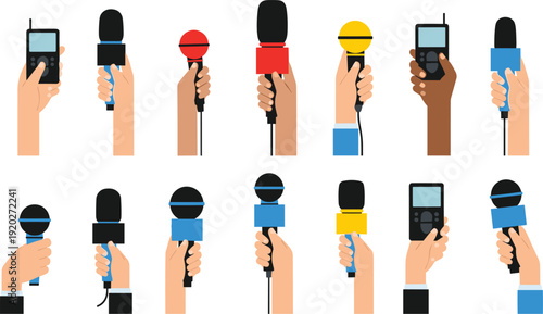 Hand holding microphone and voice recorder collection journalist interview press media vector illustration isolated set bundle