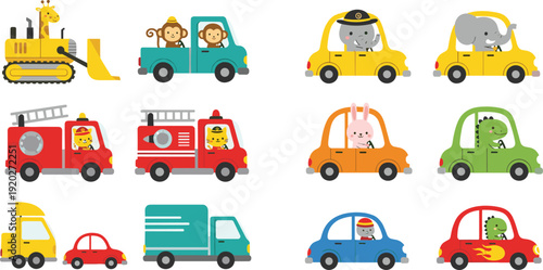 Canvas Print Cute cartoon animal driving cars and construction vehicles collection kids trans