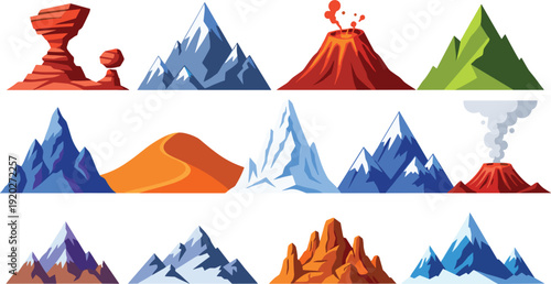 Mountain and volcano landscape collection flat vector illustration set with desert rock and snow peak icons