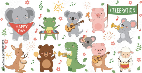 Cute cartoon animal band playing musical instruments celebration party vector illustration set with happy smiling characters collection
