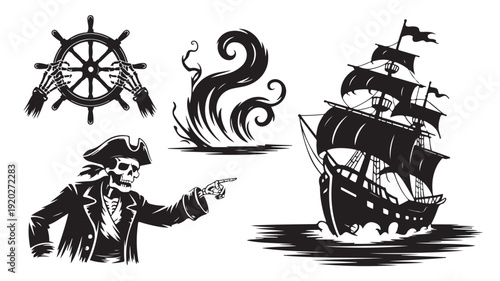 Vector Illustration Of Pirate Skeleton Pointing At Sailing Ship For Halloween Or Pirate Theme