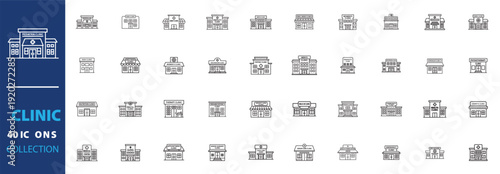 Clinic line icon collection. Includes hospital, medical center, healthcare, pharmacy, laboratory, and doctor's office symbols. Created in outline style with a blue and white palette.