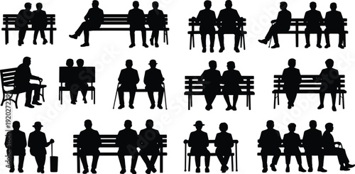 Senior men and women silhouettes sitting on park bench, elderly people isolated on white background, retirement lifestyle concept
