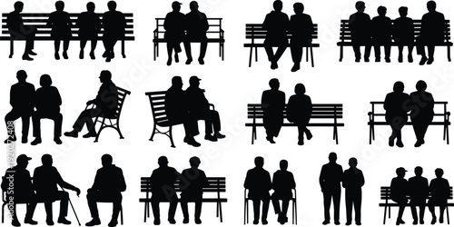 Group of senior men silhouettes sitting on park bench, elderly people isolated on white background, retirement community concept