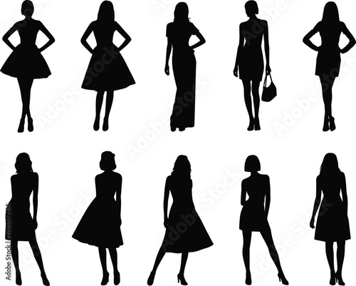 Silhouette collection of women in elegant dresses and fashionable poses Keywords: women, silhouette, fashion, elegant, dresses
