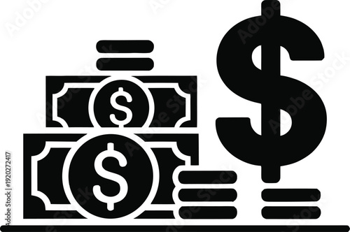 Black and white icon representing money, finance, currency, savings, investment, wealth, cash, dollar sign, and banking concept on a light gray background.