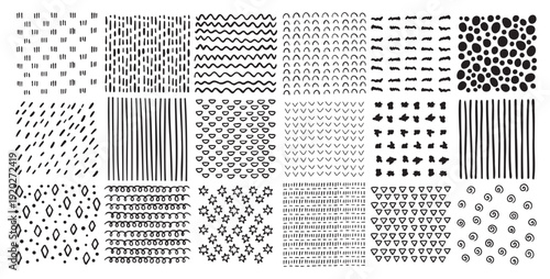 Square patterns set. Hand drawn doodle style patterns. Hatched squares abstract drawing technic, geometric shapes strokes