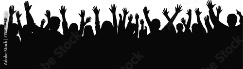 Silhouette of a Crowd with Arms Raised in Celebration or Excitement Keywords: crowd, silhouette, people, arms raised