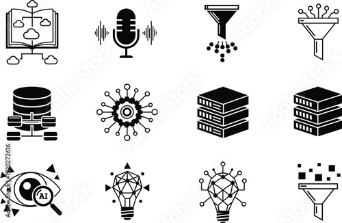 Cloud knowledge book, microphone voice recognition, data filtering funnel, database storage nodes, machine learning gear, server infrastructure, AI eye analysis, innovation lightbulb