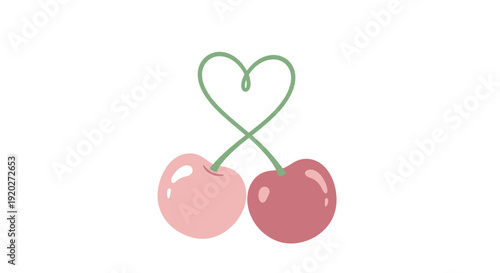 Two Cherries Connected by Stems Forming Heart.