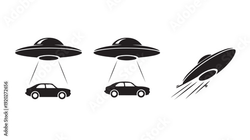 Vector Illustration Of Ufos Abducting Cars In Black Silhouette For Science Fiction Concept