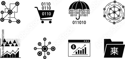 Data technology icons, analytics symbols, blockchain network, cybersecurity umbrella, shopping cart binary code, financial growth, folder Chinese character, hub , digital commerce visualization