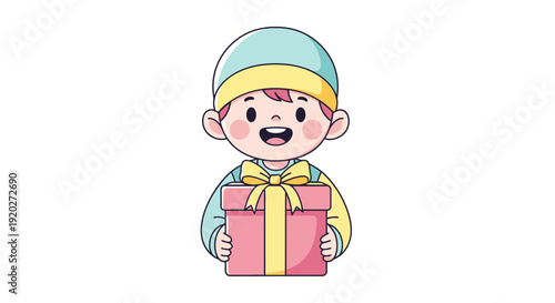 Cartoon Boy Holding Gift Box Present.