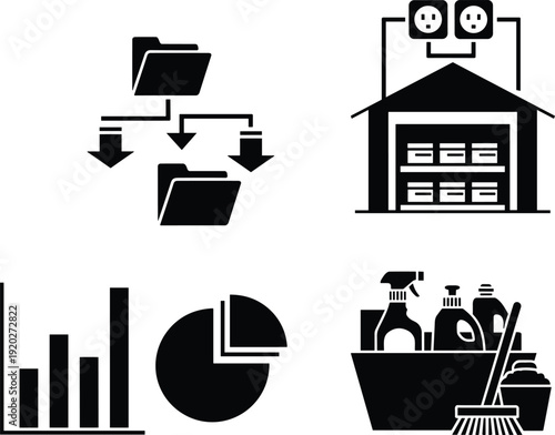 Folder hierarchy icon, garage storage facility, electrical outlets, bar graph pie chart analytics, cleaning supplies janitorial services, business organization, facility management visualization