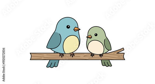 Two Cartoon Birds Perched on Branch.
