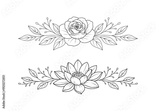 Black and white line drawing of roses and lotus flowers with leaves and decorative elements. Individual botanical illustrations on a white background.