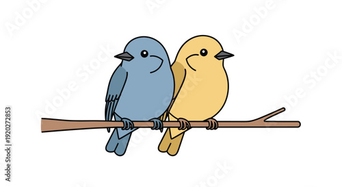 Two Cartoon Birds Perched on Branch.