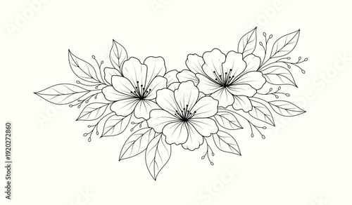 Floral bouquet line art with blooming flowers and leaves, elegant botanical illustration in black and white