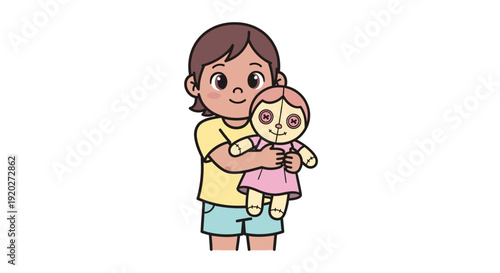 Young Girl Holding Cartoon Doll Close.