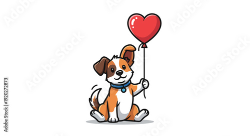Cartoon Dog Holding Heart Shaped Balloon.