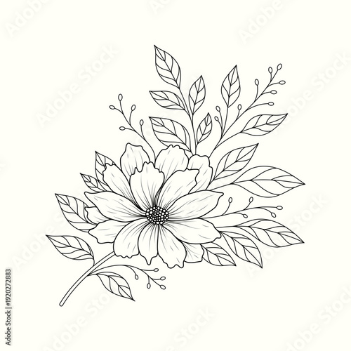 Wild flower line art with leaves and branches, minimalist botanical illustration in black and white