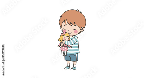 Young Boy Holding Toy Chicken Tenderly.