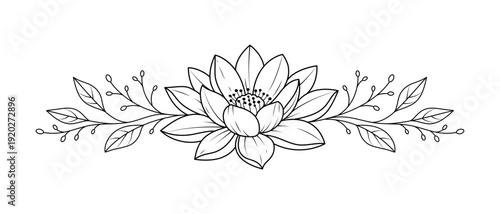 Lotus flower line art with decorative leaves, minimalist botanical illustration in black and white
