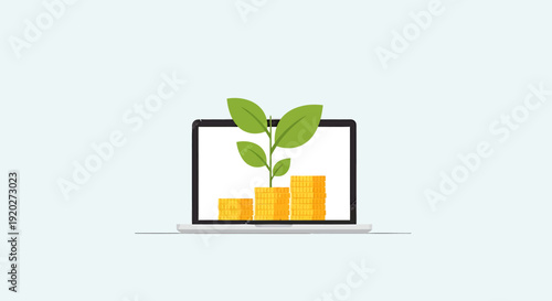 Investment Growth Plant Coins Laptop Vector Illustration, Office, Isolated, Minimal, Flat, Economics Concept
