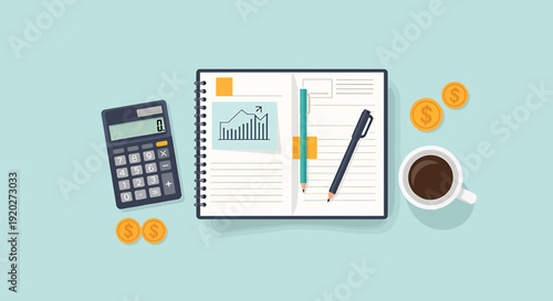 Financial Planning Workspace, Business, Office, Vector Illustration, Productivity, Top View, Strategy Concept