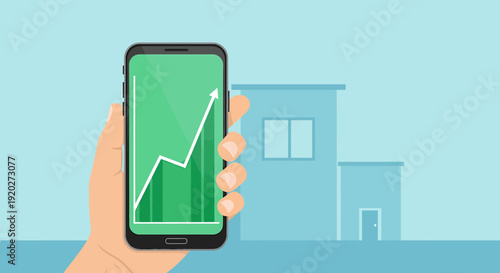 Analyzing Mobile Business Growth Chart, Smartphone in Hand, Urban Outdoors, Flat Vector Illustration, Success Concept