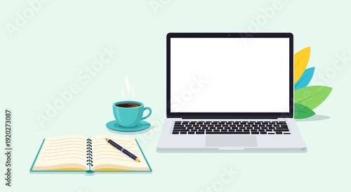 Remote Work Setup, Laptop, Home Office, Vector Illustration, Workspace, Eye-Level View, Productivity Concept