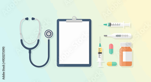 Medical Tools and Medication Supplies Illustration, Healthcare Vector, Clinic Environment, Top View, Healthcare Concept