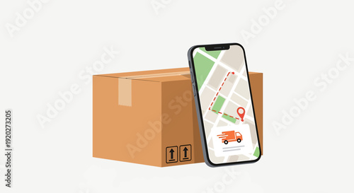 Package Delivery Tracking, Smartphone, Urban, Vector Illustration, Indoor, Isometric, Logistics Concept
