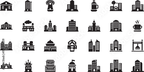 City Building Icons Set – Urban Architecture Solid Glyph Vector Collection