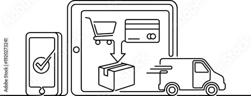Black and white continuous line art vector illustration of an e-commerce and fast delivery concept featuring a smartphone with a checkmark, a tablet with a shopping cart and credit card, and a moving 