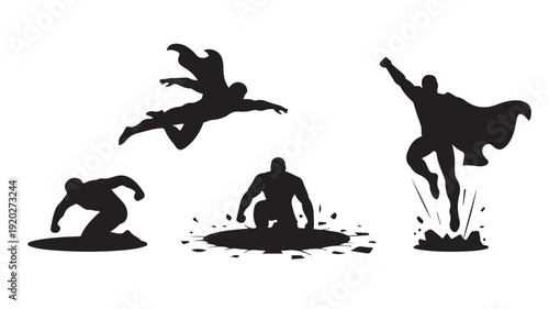 Vector Illustration Of Superhero Silhouettes In Dynamic Poses For Comic Book And Graphic Design