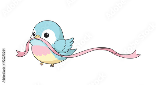 Cartoon Bird Holding Pink Ribbon Beak.
