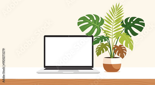 Workspace Desk with Laptop, Potted Plant, Minimalist Interior, Vector Illustration, Tabletop View, Clean Design Concept
