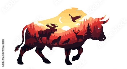 Wildlife Silhouette Art, Animal Forest Landscape, Nature Scene Vector, Outdoor Illustration, Double Exposure Concept View