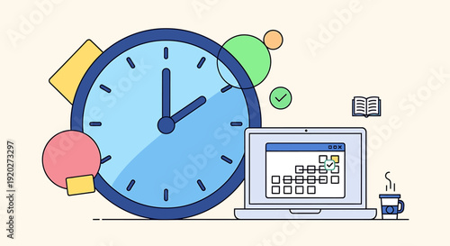 Time Management Planning, Clock and Calendar, Workspace, Vector Illustration, Office Environment, Flat View, Productivity Concept