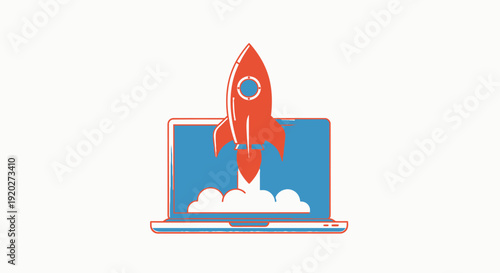 Rocket Launch Action, Startup Subject, Abstract Technology Location, Flat Vector Illustration, Minimalist Environment, Front View, Growth Concept