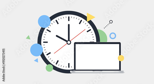 Time Management Action, Clock and Laptop, Office, Vector Illustration, Minimalist Workspace, Flat View, Efficiency Concept